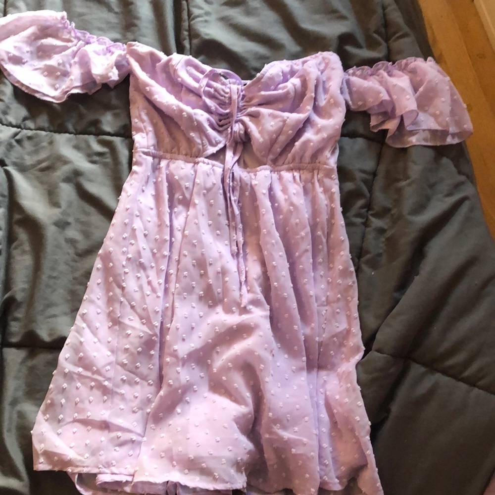 purple off the shoulder mini dress